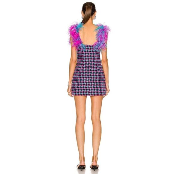 AREA Feather Strap Mini Dress in Fuchsia & Aqua 2 New womens Tweed Cocktail - Picture 3 of 17